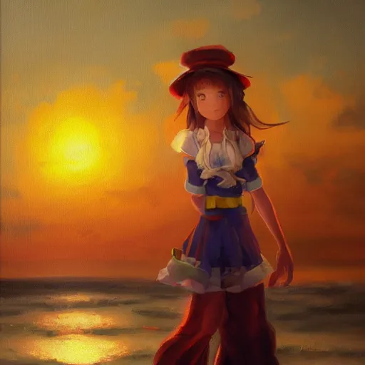 Prompt: Beautiful portrait of Kirisame Marisa at sunset on the beach, touhou project, ZUN, sold at an auction, oil on canvas, official artwork, trending on artstation, in the style of Antoine Blanchard, wide strokes