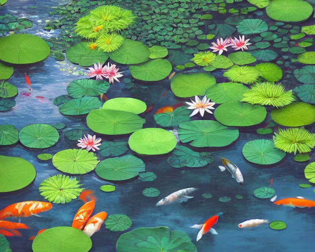 Prompt: koi pond, lotus flowers, dark blue water, green lily pads, goldfish, a fantasy digital painting by makoto shinkai and James Gurney, trending on artstation,