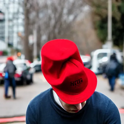 Prompt: a man who is absolutely not wearing a red hat
