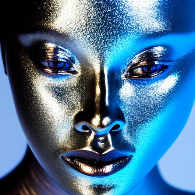 Image similar to portrait of metallic face, african woman, mercury, reflections, smooth liquid metal texture, proud looking, outdoor, nature, blue sky, 8 k, realistic, depth of field, highly detailed, art photography