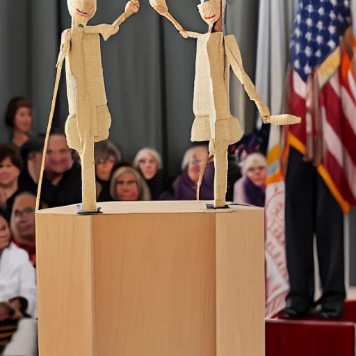 Prompt: puppet show of a string marionette of a president in a podium