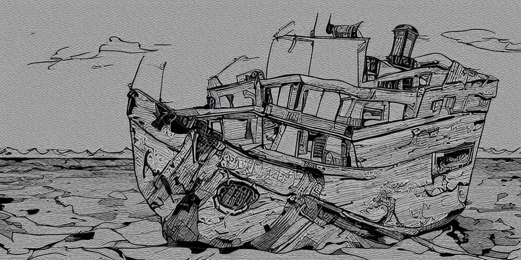 Image similar to an abandoned ship in the aral sea, in the style of daniel johnston and outsider art, 8 k, line brush, overlaid with chinese adverts