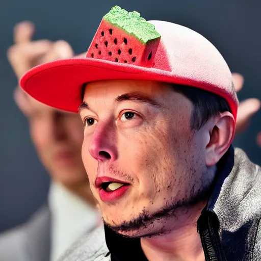 Prompt: Elon Musk wearing a hat made of watermelon, dslr photo