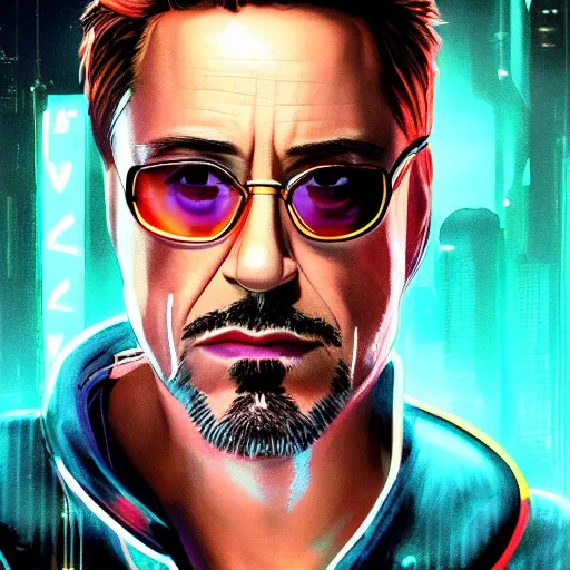 Image similar to robert downey jr portrait, Cyberpunk 2077, cyberpsycho, photorealistic, ultra detailed, neon, octane, bokeh, cyber, cyberpunk city, feature, scars, cyberface, 8k