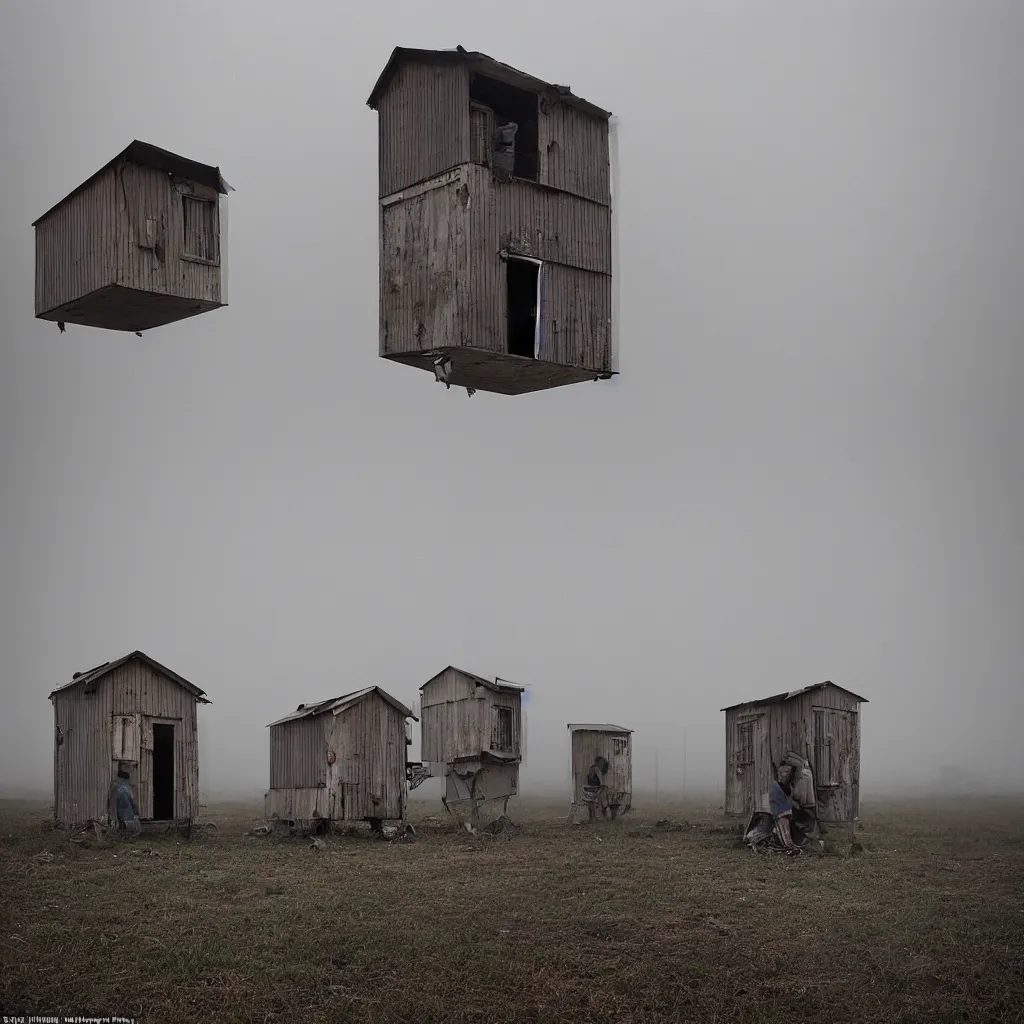 Image similar to two towers, made up of makeshift squatter shacks with faded colours, plain uniform sky at the back, uneven fog, dystopia, mamiya, f 1 1, fully frontal view, ultra sharp, very detailed, photographed by julie blackmon