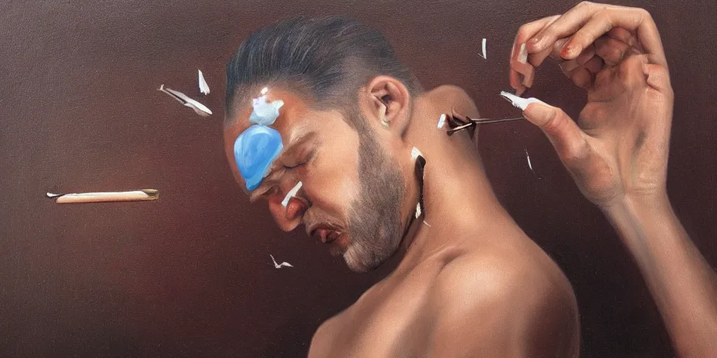 Image similar to a surreal painting of a man removing a nail from the middle of his forehead where he has a third eye