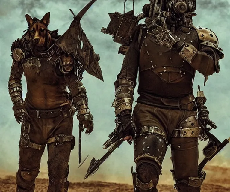 Image similar to a good ol'hound dog fursona ( from the furry fandom ), heavily armed and armored facing down armageddon in a dark and gritty version from the makers of mad max : fury road. witness me.