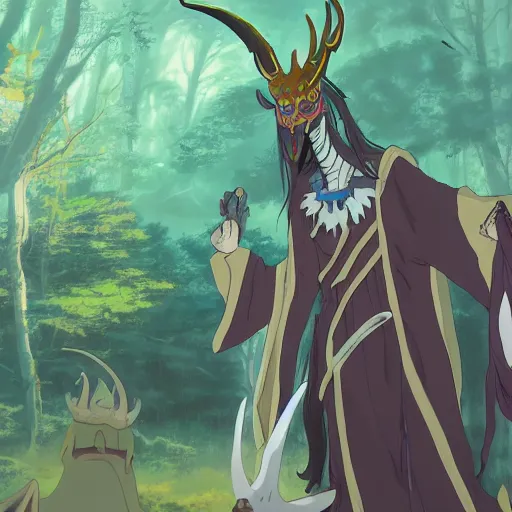 Image similar to concept art painting of an anthropomorphic dragon king with robes, a long dragon neck, and horned skull mask, in a deep forest, anime style, cel shaded, in the style of makoto shinkai and james gurney and studio ghibli and moebius