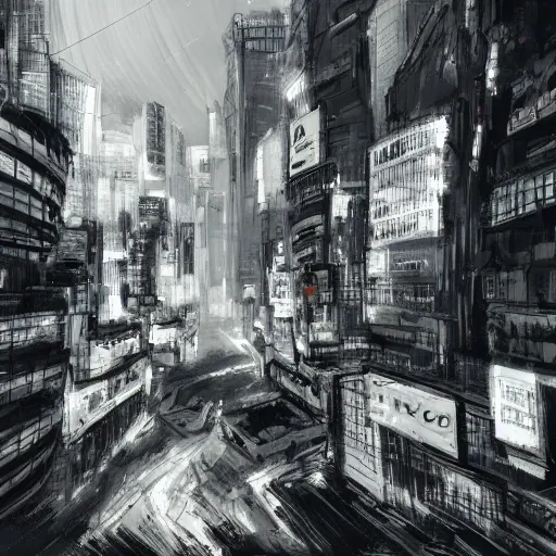 Image similar to concept art of tokyo city taken from drone by ashley wood and j. m. w. turner, speed painting, photo bash, cinematic angle, super detailing, monochrome