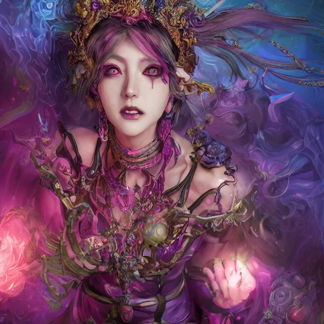 Prompt: the portrait of chaotic evil fallen colorful female necromancer overlord as absurdly beautiful, elegant, mature idol, an ultrafine hyperdetailed illustration by kim jung gi, irakli nadar, detailed faces, intricate linework, bright colors, octopath traveler, unreal engine 5 highly rendered, global illumination, radiant light, detailed and intricate environment, 8 k