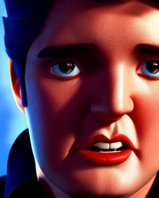 Image similar to disney pixar portrait 8 k photo of elvis presley on a smoky stage : : by weta, greg rutkowski, wlop, ilya kuvshinov, rossdraws, artgerm, annie leibovitz, rave, unreal engine, alphonse mucha : :