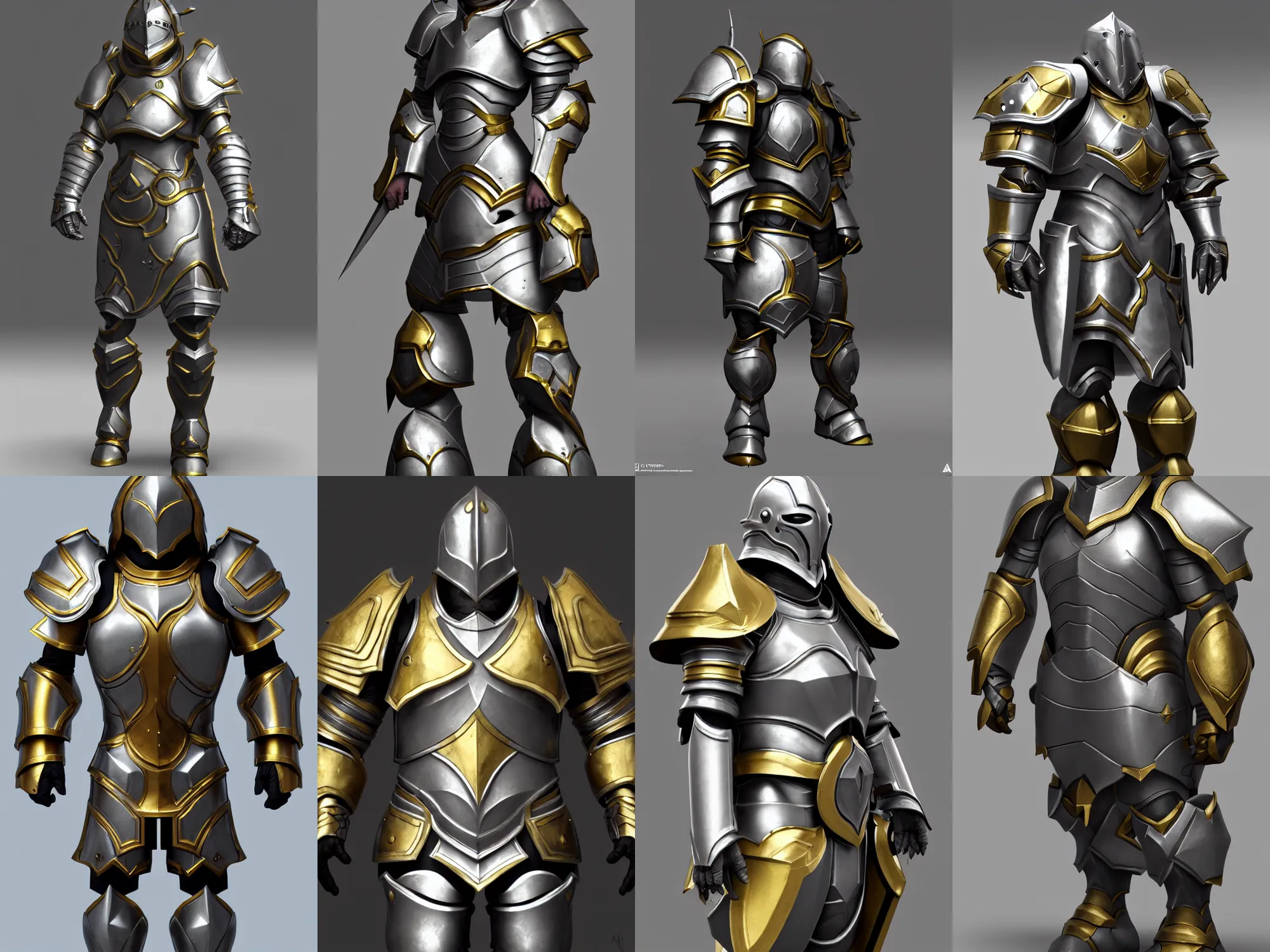 Prompt: render of heavy paladin armor, silver with gold trim, hyperrealistic, extremely clean, flat shading, exaggerated proportions, trending on Artstation, fantasy character concept, HD Octane render