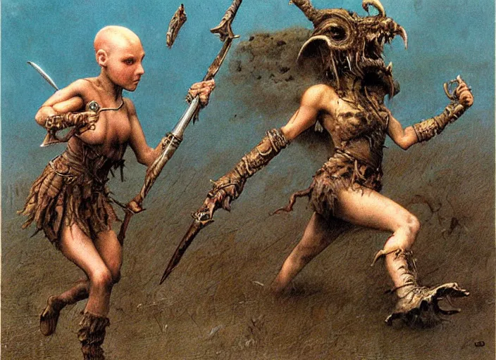 Prompt: bald barbarian girl fighting small cute goblins by Beksinski and Luis Royo