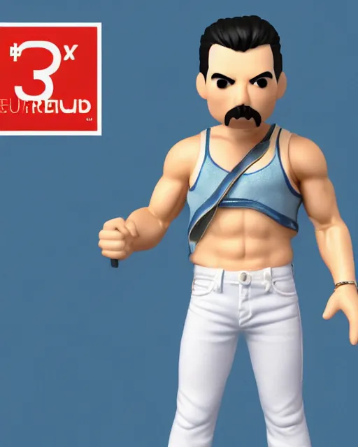 Image similar to 3 d render of a freddie mercury, white sleeveless tank top blue jeans as a funko pop!, four, studio lighting, white background, single body, no shadow, blender, trending on artstation, 8 k, highly detailed