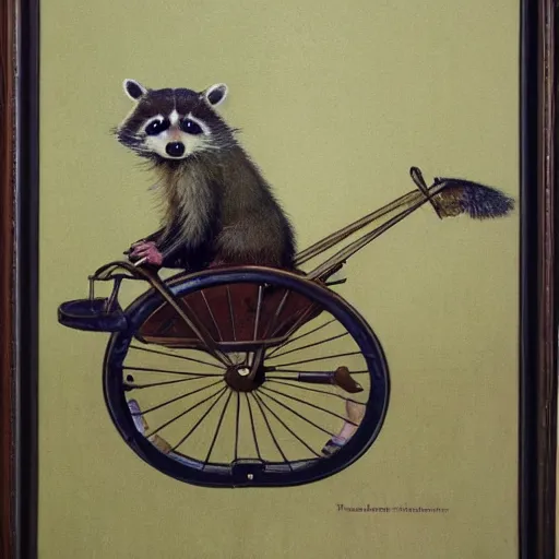 Image similar to Norman Rockwell painting of a raccoon riding a penny-farthing