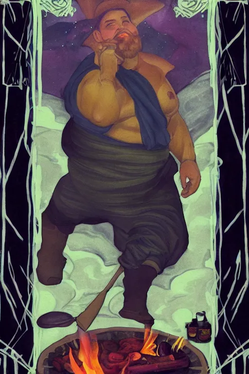 Prompt: a dramatic, ethereal painting of a handsome thicc chunky mischievous cowboy smirking with an open shirt sitting behind a campfire at night with food and jugs of whisky | tarot!! card, art deco, art nouveau | by Mark Maggiori | trending on artstation