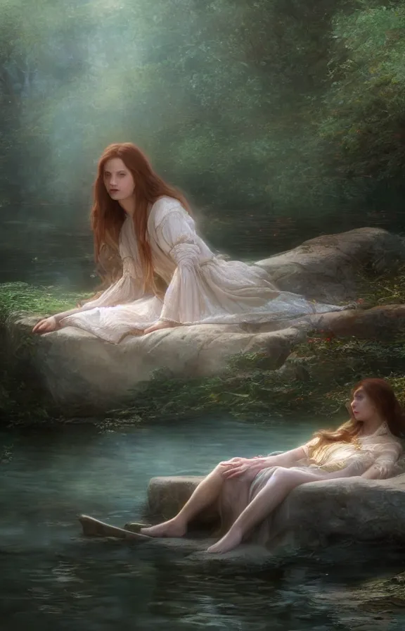 Image similar to beautiful lady of shalott laying in a river, sadness, longing, sharp focus, intricate, elegant, digital painting, artstation, matte, highly detailed, concept art, illustration, volumetric lighting, bokeh light, art by greg olsen and liz lemon swindle