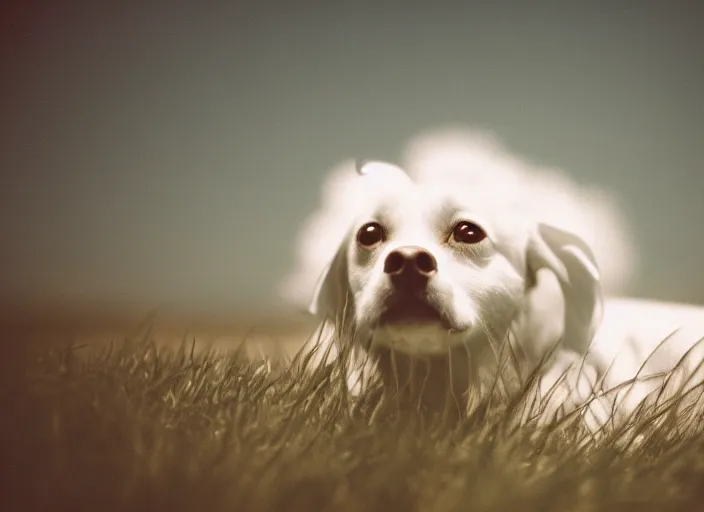 Prompt: a portrait of beautiful white flower with a face of funny white dog, grey skies, dusk, neutral color, starry night flashlight 1 9 9 0 a documentary realistic reportage photo photo, 8 k, cinestill, bokeh, soft focus, grain gelios lens, grain kodak, reportage