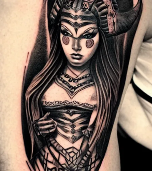 Image similar to tattoo design of a beautiful girl warrior under a tiger head, hyper realistic, realism tattoo, by eliot kohek, beautiful eyes, realistic face, black and white, white background