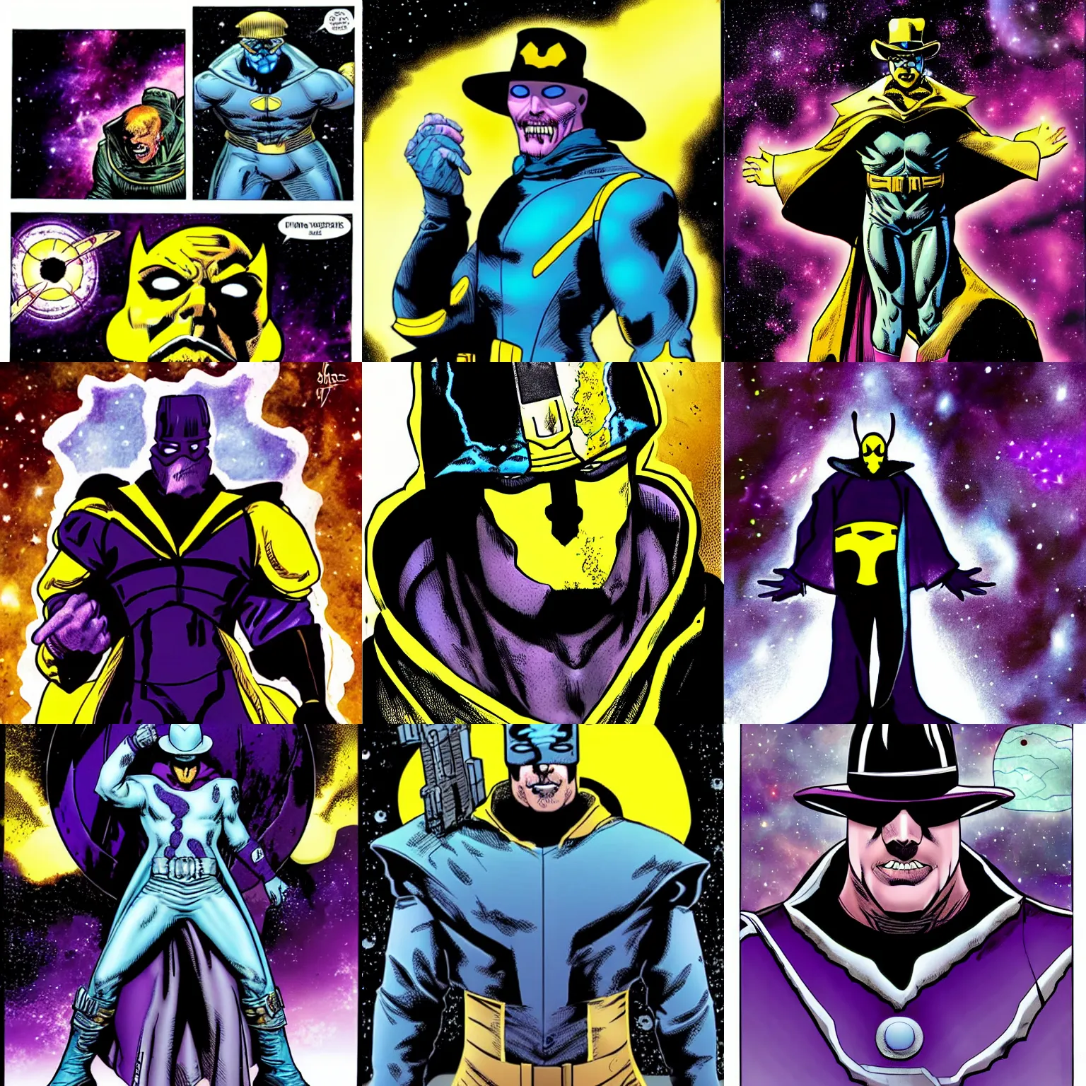 Prompt: Rorschach from Watchmen as Thanos, space and galaxies, comic
