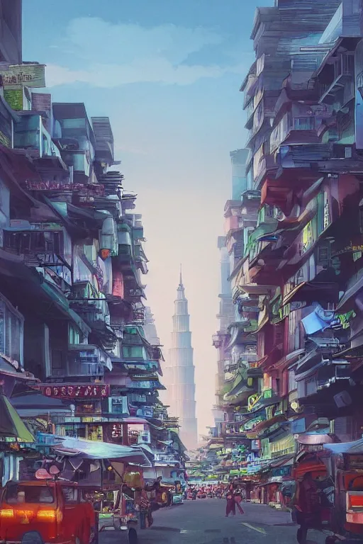 Image similar to hawker street with kuala lumpur twin towers in the background, evening, highly detailed matte painting, studio ghibli, artstation