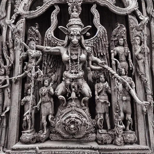 Prompt: sacred hindu blood temple, baphomet statue at the center, angel statues, 8 0's horror movie film still, highly detailed, symmetry, award - winning photography, 1 2 0 mm