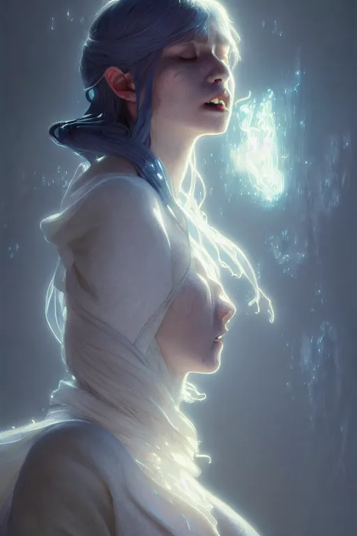 Image similar to crying ghost, tall, silver skin, illustration, cinematic lighting, 8 k, d & d, frostbite 3 engine, dof, artstation, tangled, digital art, twilight ray, art by tsuyoshi nagano, greg rutkowski, artgerm, alphonse mucha