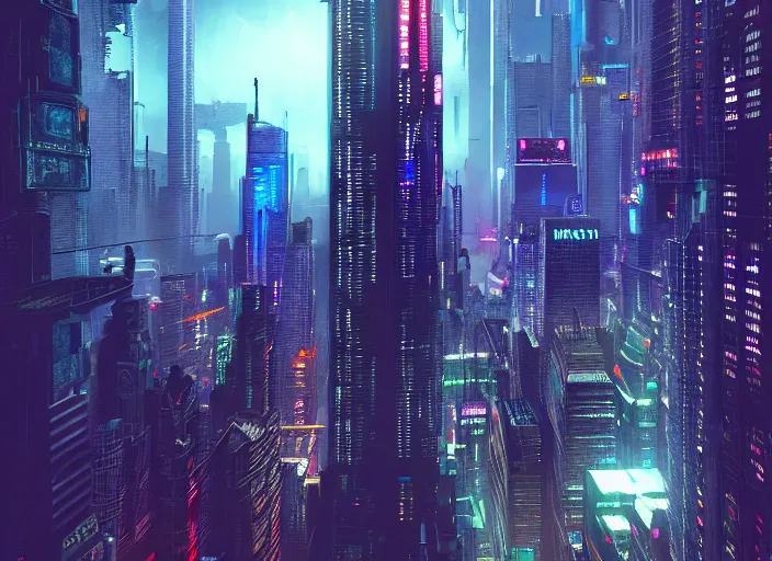 Image similar to cyberpunk scifi scene of new york skyline at night, artstation, matt painting, very detailed, maximalism, ambient occlusion, volumetric light, atmospheric haze, unreal engine, hyper realism, realistic shading, cinematic composition, realistic render, octane render, detailed textures, photorealistic, wide shot