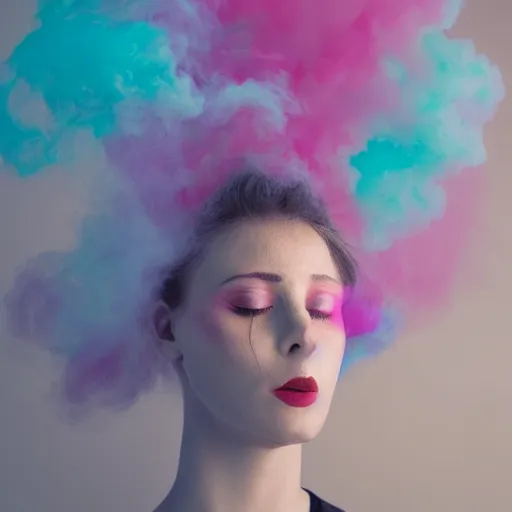 Prompt: woman made from coloured clouds and smoke, studio photo on a black background