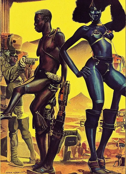 Image similar to pan african propaganda poster. cyberpunk mercenary. portrait by jean giraud and anton otto fischer and john philip falter and will eisner and gil elvgren