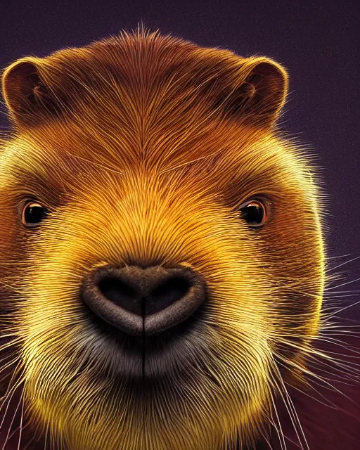 Image similar to vivid color portrait of funny giant cute eyes capybara, intricate abstract. intricate artwork, by tooth wu, wlop, beeple, dan mumford. concept art, octane render, trending on artstation, greg rutkowski very coherent symmetrical artwork. cinematic, key art, hyper realism, high detail, octane render, 8 k, iridescent accents