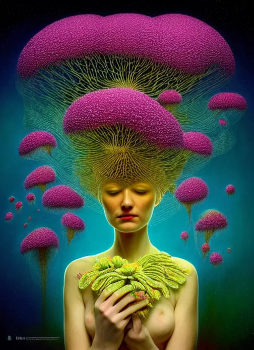 Image similar to hyper detailed 3d render like a Oil painting - Aurora (Singer) seen Eating of the Strangling network of yellowcake aerochrome and milky Fruit and Her delicate Hands hold of gossamer polyp blossoms bring iridescent fungal flowers whose spores black the foolish stars by Jacek Yerka, Mariusz Lewandowski, Houdini algorithmic generative render, Abstract brush strokes, Masterpiece, Edward Hopper and James Gilleard, Zdzislaw Beksinski, Mark Ryden, Wolfgang Lettl, hints of Yayoi Kasuma, octane render, 8k