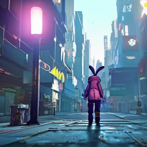 Prompt: a video game where the main character is a rabbit and you play in a cyberpunk city
