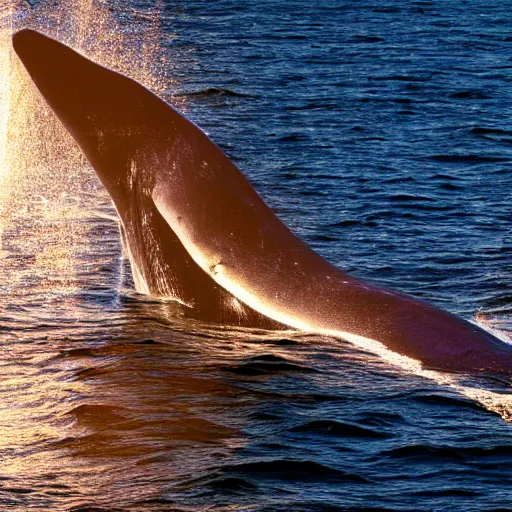 Image similar to a photo of a blue whale, high definition, high - quality, photography, golden light
