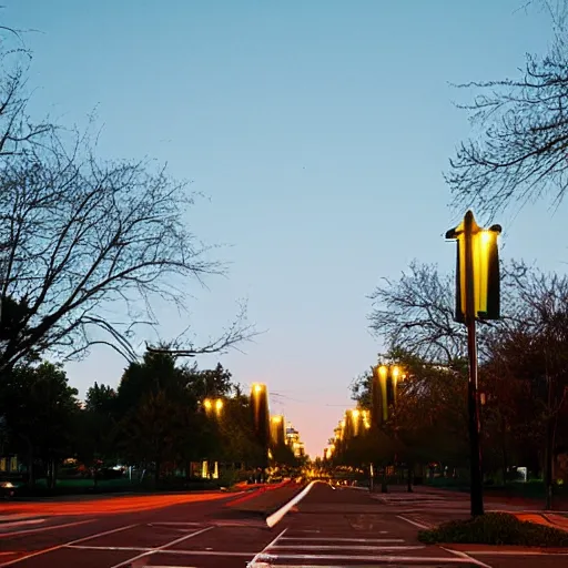 Image similar to avenue, median with trees, uptown neighborhood, neighborhood, liminal space, traffic lights, blue hour