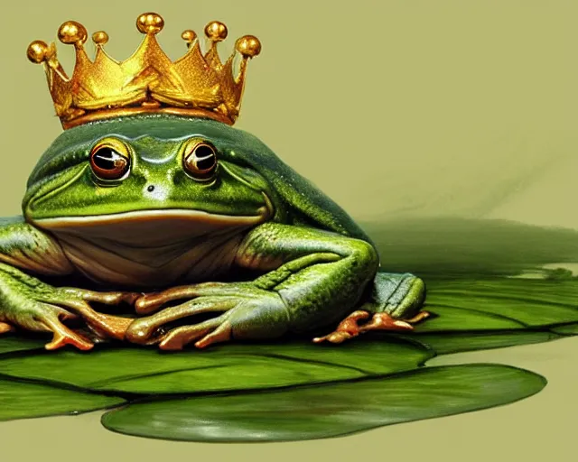 Prompt: the anthropomorphic frog king, wearing a crown, sitting on a throne on a lily pad, fantasy concept art, dnd character art, digital painting, oil painting, hyperrealistic, highly detailed, artstation, cgsociety, by greg rutkowski, by alan lee, by artgerm