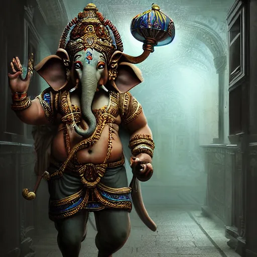 Prompt: realistic ganesha charging down a hallway yelling, cinematic, fantasy, 8 k, high detail, digital art