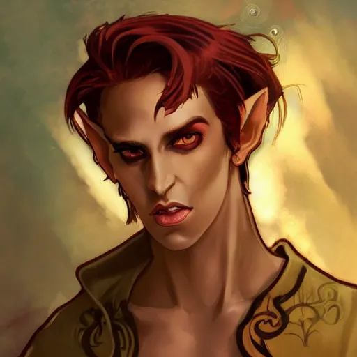 Prompt: dnd character portrait of a tanned half - elf with messy short red hair and yellow eyes with slit pupils, beautiful and androgynous with dark skin, feral, glowing aura, golden hour, wearing a stylish men's suit, by ross tran and gerald brom and alphonse mucha, trending on artstation