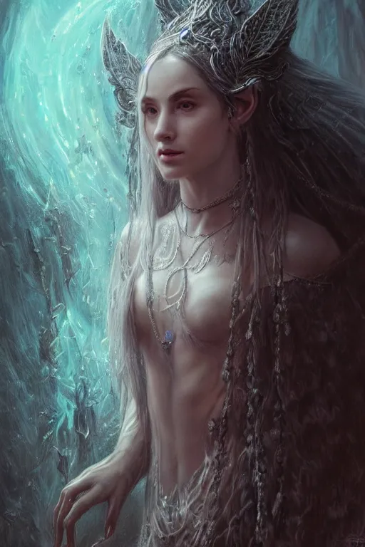 Prompt: realistic portrait of beautifully crystalized and detailed portrait of a elvish witch, matte painting of cinematic movie scene, dark fantasy, created by gustave dore and greg rutkowski, high detailed, smooth draw, synthwave neon retro, intricate, realistic proportions, dramatic lighting, trending on artstation.