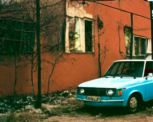 Prompt: a lomographic photo of old lada 2 1 0 7 concept car standing in typical soviet yard in small town, hrushevka on background, cinestill, bokeh