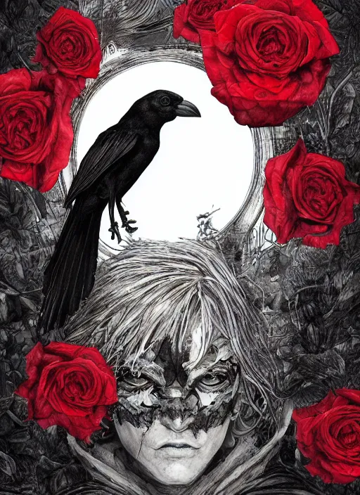 Image similar to portrait, A crow with red eyes in front of the full big moon, book cover, red roses, red white black colors, establishing shot, extremly high detail, foto realistic, cinematic lighting, pen and ink, intricate line drawings, by Yoshitaka Amano, Ruan Jia, Kentaro Miura, Artgerm, post processed, concept art, artstation, matte painting, style by eddie mendoza, raphael lacoste, alex ross