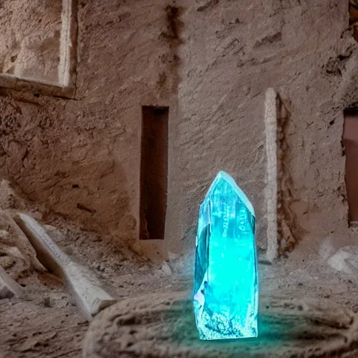 Prompt: a huge crystal with an human inside, placed in a mystic ruin