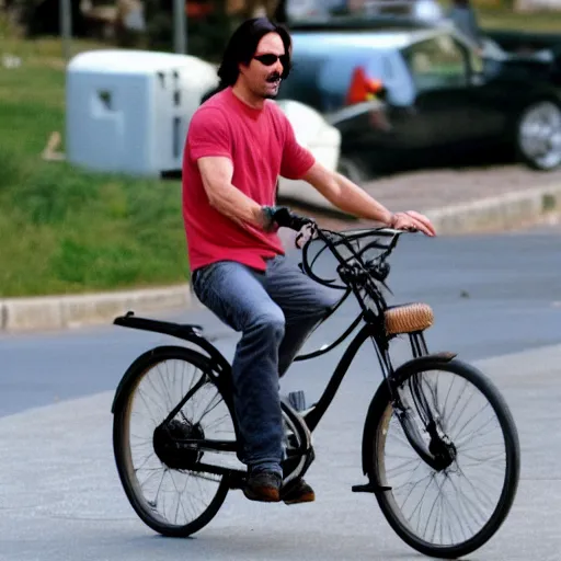 Image similar to Keanu Reeves riding a bike eating ice cream