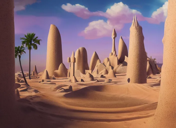 Image similar to cover concept art of the lost sand city, levitating rock piles, golden towers, golden pillars, palm trees, space and time, floating objects, post-processing, in the style of Hugh Ferriss, Behance, Artgerm. High detail, ultra realistic render, octane, 3D, photorealism, symmetric, cinematic from the umbrella academy