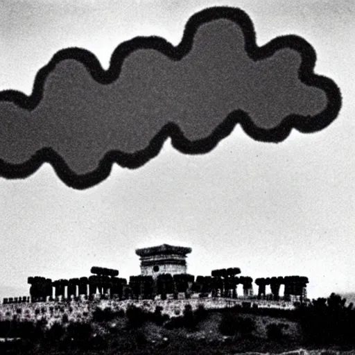 Prompt: clouds shaped like the second temple in jerusalem, the beis hamikdash surrealism