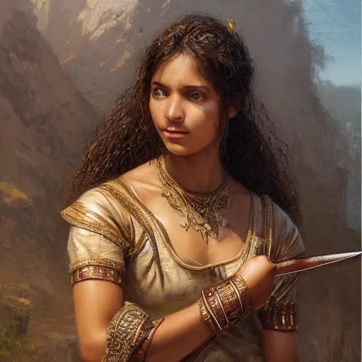 Image similar to artstation concept of a beautiful girl holding a sword in both hands, brown skin, sweaty skin, symmetrical face, casual white garment, brown canyon background, shiny colorful, hyperdetailed, artstation trending, world renowned artists, worth1000.com, historic artworks society, antique renewel, cgsociety, by greg rutkowski, by Gustave Dore, Deviantart