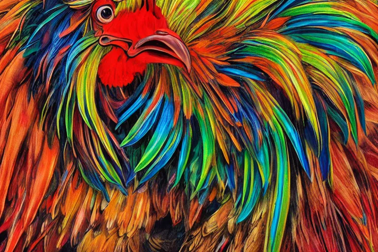 Prompt: illustration of a rooster with feathers of many colors, by karl wilhelm de hamilton and liam cobb, lively colors, portrait, sharp focus, colored feathers