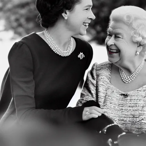 Image similar to A portrait photo of queen elizabeth teams up with a teenage queen elizabeth, perfect faces, 50 mm, award winning photography