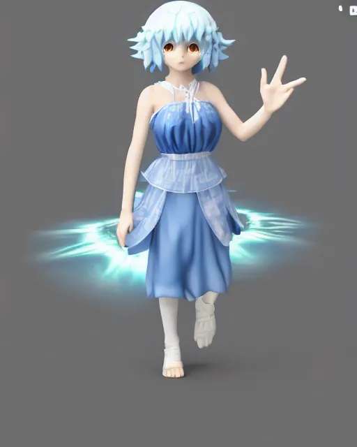 Image similar to full body 3d render of Cirno, studio lighting, white background, blender, trending on artstation, 8k, highly detailed