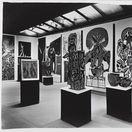 Image similar to A black and white screen print of gallery exhibition view from the 60s, anthropology, colonial, wild, exotic, artifacts, pedestal, ethnography, screen printing